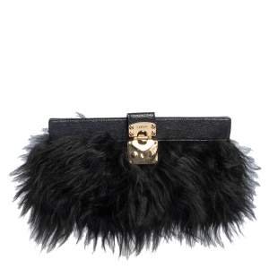 Pre Owned Dkny Black/Navy Blue Leather and Faux Fur Pushlock Flap Clutch
