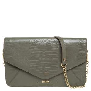DKNY Green Lizard Embossed Leather Envelope Chain Clutch
