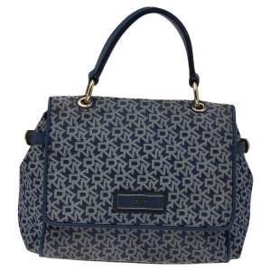 Pre Owned DKNY Blue Signature Canvas and Leather Top Handle Bag