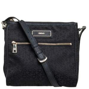 DKNY Black Signature Canvas and Leather Trim Front Pocket Messenger Bag