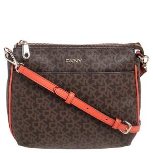 Dkny Orange/Brown Signature Coated Canvas and Leather Trim Messenger