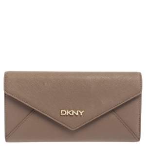 Pre Owned DKNY Dark Beige Saffiano Leather Envelope Flap Continental Wallet