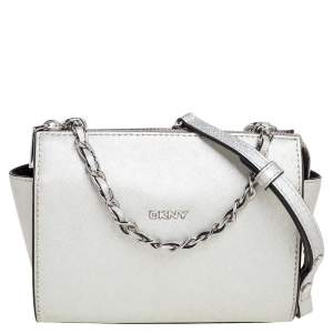 Pre Owned DKNY Silver Saffiano Leather Zip Crossbody Bag 