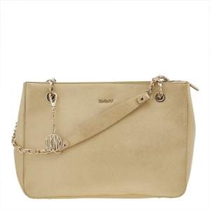 DKNY Metallic Gold Saffiano Leather Bryant Park Chain Tote