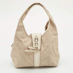 DKNY Light Beige/Cream Canvas and Leather Hobo
