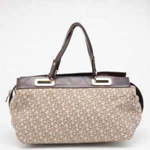 Pre Owned DKNY Beige/Dark Brown Monogram Canvas And Leather Satchel