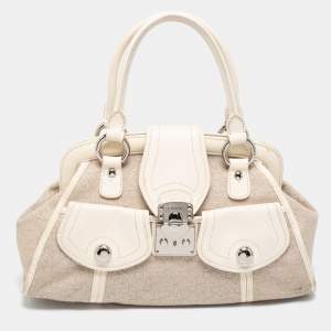 Pre Owned DKNY Off White Signature Canvas And Leather Satchel