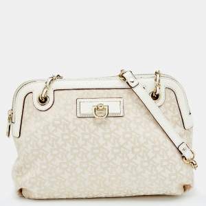 Pre Owned DKNY Beige/White Signature Canvas And Leather Shoulder Bag
