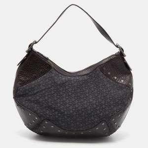 مملوكة مسبقًا Dkny Brown/Grey Leather and Canvas Studded Hobo