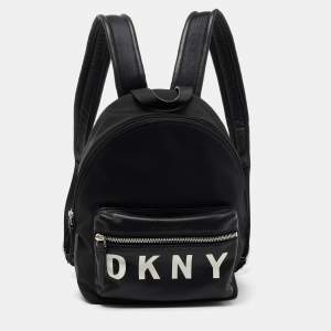 DKNY Black Nylon And Leather Mini Front DKNY Print Pocket Backpack