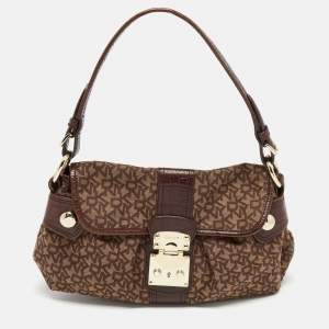 مملوكة مسبقًا DKNY Brown Signature Canvas and Croc Embossed Leather Push Lock Flap Hobo