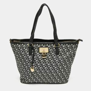 DKNY Black/White Signature Canvas and Leather Shopper Tote