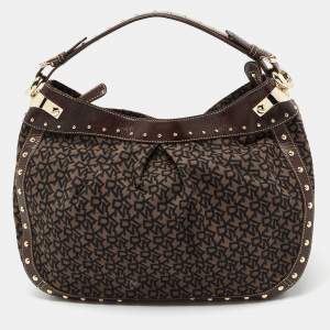 مملوكة مسبقًا DKNY Brown/Black Signature Canvas And Leather Studded Hobo