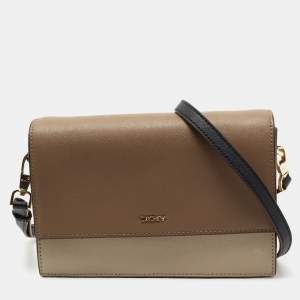 Pre Owned DKNY Brown/Beige Leather Flap Crossbody Bag
