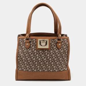 Pre Owned DKNY Beige/Tan Signature Canvas and Leather Tote