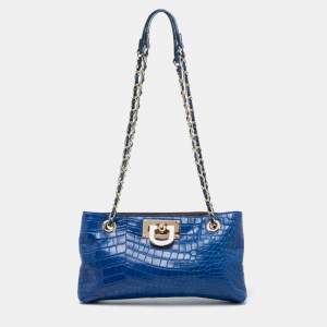 Pre Owned DKNY Blue Croc Embossed Leather Shoulder Bag