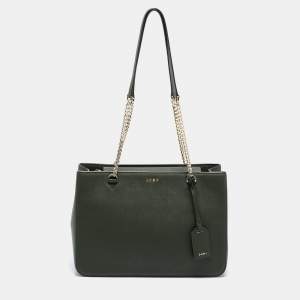 Pre Owned DKNY Olive Green Leather Large Bryant Park Chain Tote