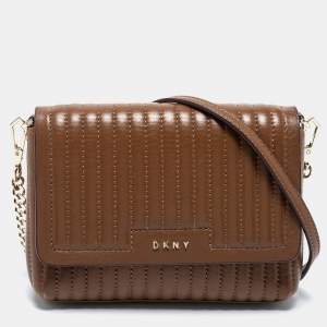 Pre Owned DKNY Brown Pinstripe Quilted Leather Small Gansevoort Flap Shoulder Bag