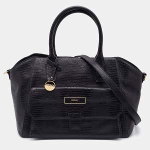 Pre Owned DKNY Black Lizard Embossed Leather Front Pocket Satchel