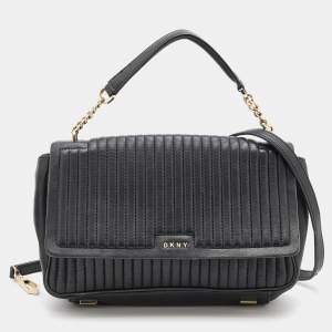 Pre Owned DKNY Black Pinstripe Quilted Leather Gansevoort Flap Top Handle Bag