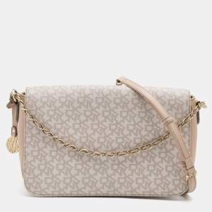DKNY Beige/White Signature Coated Canvas and Leather Flap Shoulder Bag