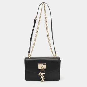 DKNY Black Leather Padlock Flap Shoulder Bag
