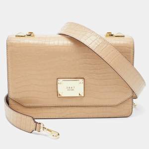 Pre Owned DKNY Cream Croc Embossed Leather Flap Shoulder Bag