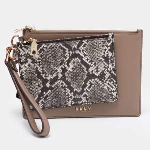 Dkny Beige/Black Leather Triple Wristlet Pouch