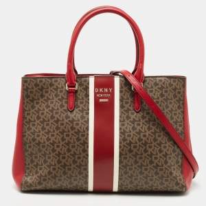 Pre Owned Dkny Brown/Red Signature Canvas and Leather Tote