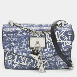 Pre Owned DKNY Blue Printed Coated Canvas and Leather Elissa Chain Shoulder Bag