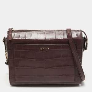 Pre Owned DKNY Burgundy Croc Embossed Leather Front Pocket Chain Shoulder Bag
