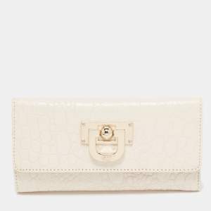 Pre Owned Dkny Off White Croc Embossed Leather Flap Continental Wallet