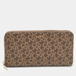 DKNY Brown Signature Coated Canvas Zip Around Continental Wallet