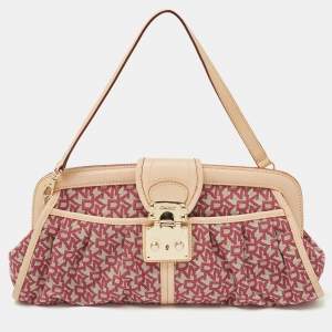 Pre Owned Dkny Pink/Beige Signature Canvas And Leather Pushlock Baguette