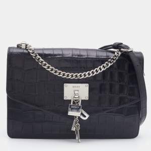 Pre Owned DKNY Black Croc Embossed Leather Elissa Shoulder Bag