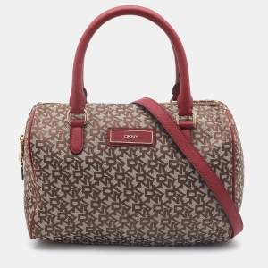 Pre Owned Dkny Red/Beige Monogram Canvas and Leather Boston Bag