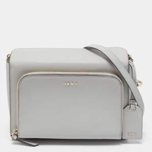 Pre Owned DKNY Grey Leather Front Zip Crossbody Bag