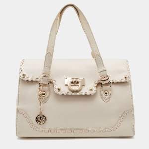 Pre Owned Dkny Off White Leather Flap Whipstitch Trim Tote