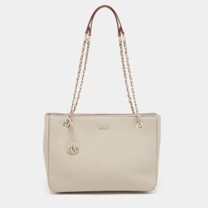 Pre Owned Dkny Light Beige Saffiano Leather Chain Tote