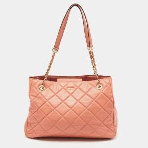 Pre Owned DKNY Rose Pink Quilted Leather Chain Tote