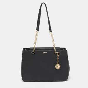 Pre Owned DKNY Black Leather Charm Chain Tote