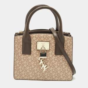 Pre Owned Dkny Brown/Beige Signature Coated Canvas and Leather Padlock Charm Tote