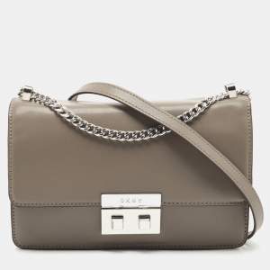 Pre Owned DKNY Grey Leather Pushlock Flap Shoulder Bag