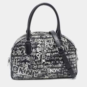 Pre Owned DKNY Black/White Graffiti Leather Erin Dome Satchel