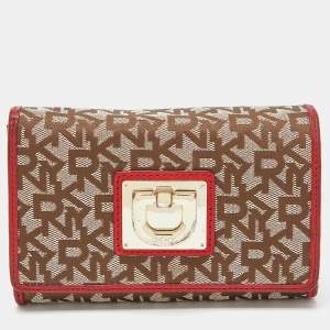 DKNY Beige/Red Signature Canvas and Leather French Wallet