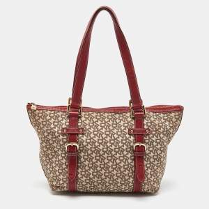 DKNY Beige/Red Signature Canvas and Leather Zip Tote
