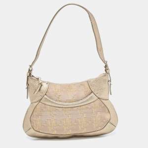 DKNY Gold/Beige Canvas and Leather Shoulder Bag