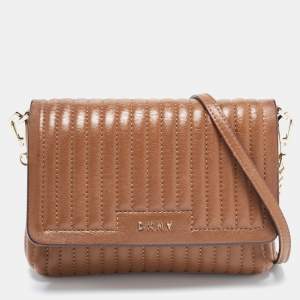 Pre Owned DKNY Brown Pinstripe Quilted Leather Gansevoort Flap Shoulder Bag