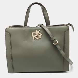 Pre Owned DKNY Khaki Green Leather Logo Twist Tote