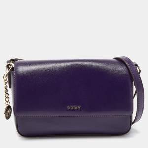 Pre Owned DKNY Purple Patent Leather Logo Flap Crossbody Bag